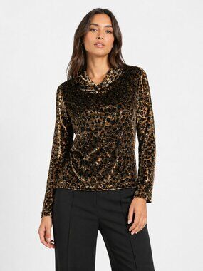 SKEA SHIMMIES Gold Leopard Velvet Cowl Neck Long Sleeve Top Women’s Medium